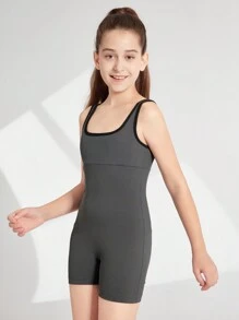 SHEIN Tween Girls' Dark Gray Colorblock Tank Romper, Yoga - Dark Grey - View 3