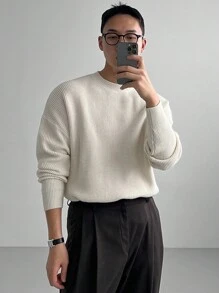 DAZY Men Solid Round Neck Drop Shoulder  Beige Sweater Fall,Winter - Apricot - View 6