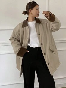 DAZY 女士撞色宽松长袖翻领口袋羽绒服，冬季女装，冬季外套