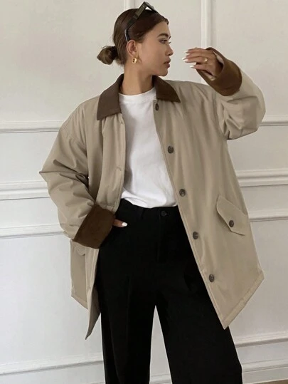 DAZY 女士撞色宽松长袖翻领口袋羽绒服，冬季女装，冬季外套