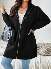 大尺碼女士素色休閒長袖夾克，日常穿著 - 黑色 - 查看 5