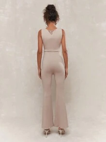 MISSGUIDED Jersey Square Neck Flared Hem Tank Jumpsuit - Khaki - View 2