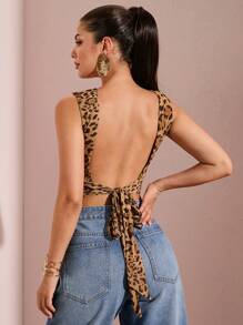 SHEIN BAE 女士露背蝴蝶结吊带背心，豹纹印花，优雅无袖休闲款，适合海滩度假、约会之夜、泳池派对、外出、情人节等场合。 - 彩色 - 查看 3