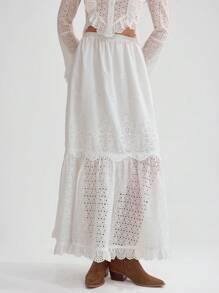 SHEIN Váy ren lưới thêu cạp cao phối viền màu phối bèo cho nữ - trắng - Xem 10