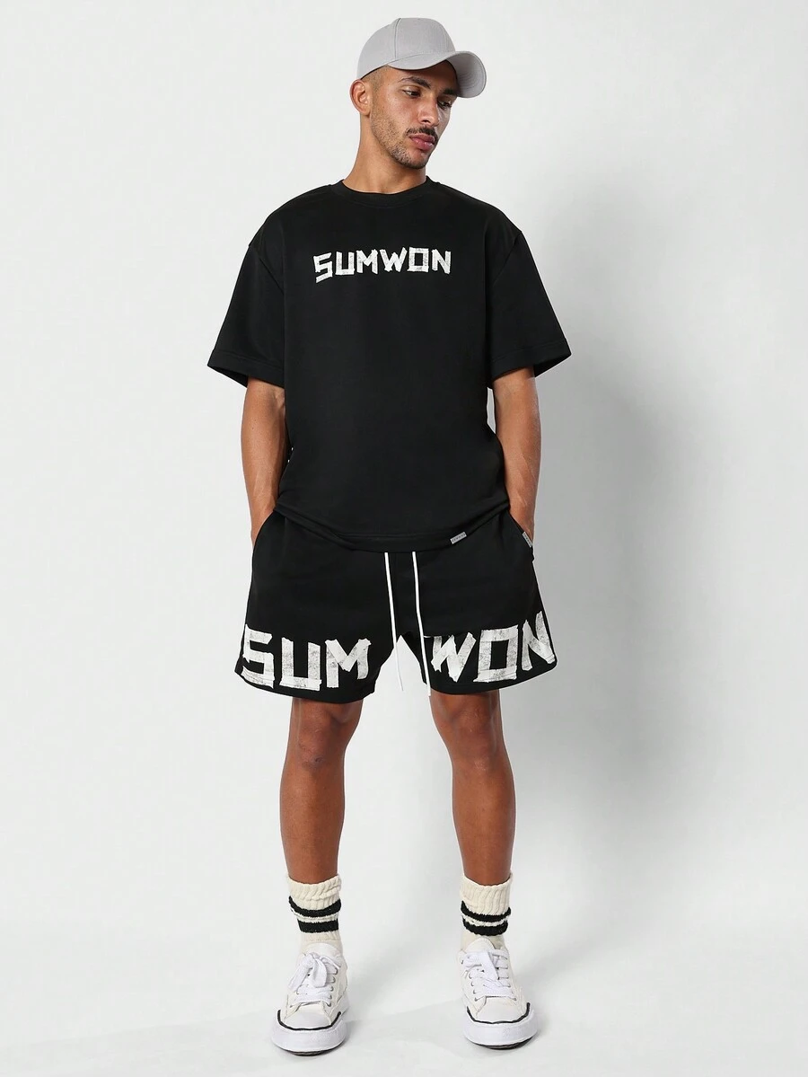 SUMWON Regular Loopback Tee And Short 2 Piece Set With Tape Print ...