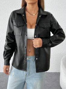 SHEIN PETITE Women's Spring Fashion Faux Leather Shacket Jacket Flap Pocket Drop Shoulder Button Down Blouses Long Sleeve Shirts In Fall/Winter - Black - View 9