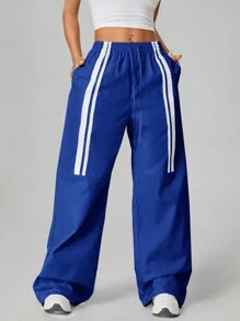 SHEIN EZwear Women's Streetwear Back To School Contrast Color Striped Low-Waist Bright-Color Pink Long Pants, Spring Summer - Royal Blue - View 7