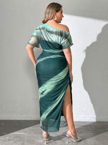 Modelyn 加大码不对称领口修身拼色长裙，休闲或度假的完美选择，优雅的婚礼宾客/场合/仪式/晚会长晚礼服 - 彩色 - 查看 2