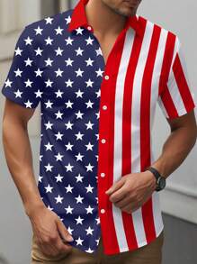 Manfinity LEGND Men's Plus Size Button Up Striped Short Sleeve Casual Loose Shirt With Star Print