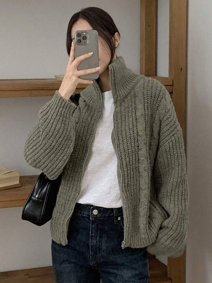 Dazy-Less Drop Shoulder Zipper Front Cardigan,Three Quarter