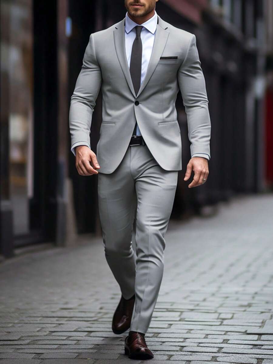 Manfinity Mode Bộ đồ nam dài tay màu trơn đơn giản với quần dài, trang phục hàng ngày - Xám - Xem 1
