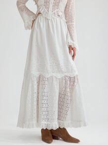 SHEIN Váy ren lưới thêu cạp cao phối viền màu phối bèo cho nữ - trắng - Xem 13