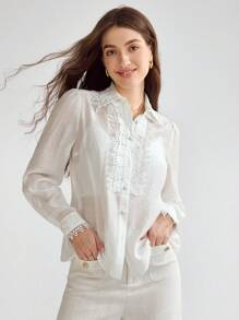 Enchnt Chemise à boutons avec dentelle guipure pour une tenue quotidienne