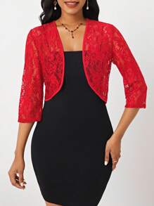 SHEIN Lady Open Front Lace Crop Jacket In Fall/Winter - Red - View 4