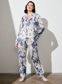 LUVLETTE Satin Large Scale Floral Long-Sleeve Button-Up & Pants Women Pajama Set Lounge Sets Lingerie
