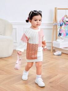 SHEIN LMoss Kids Váy len màu trơn co giãn thường ngày cho bé gái LMoss Baby Girl, Thu/Đông - Nhiều màu - Xem 2