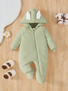 SHEIN Leap Crew Newborn Baby Cute Solid Color Loose Hooded Footed Romper, Home Outfit - Green - View 1