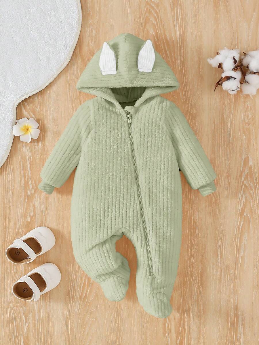SHEIN Leap Crew Newborn Baby Cute Solid Color Loose Hooded Footed Romper, Home Outfit - Green - View 1