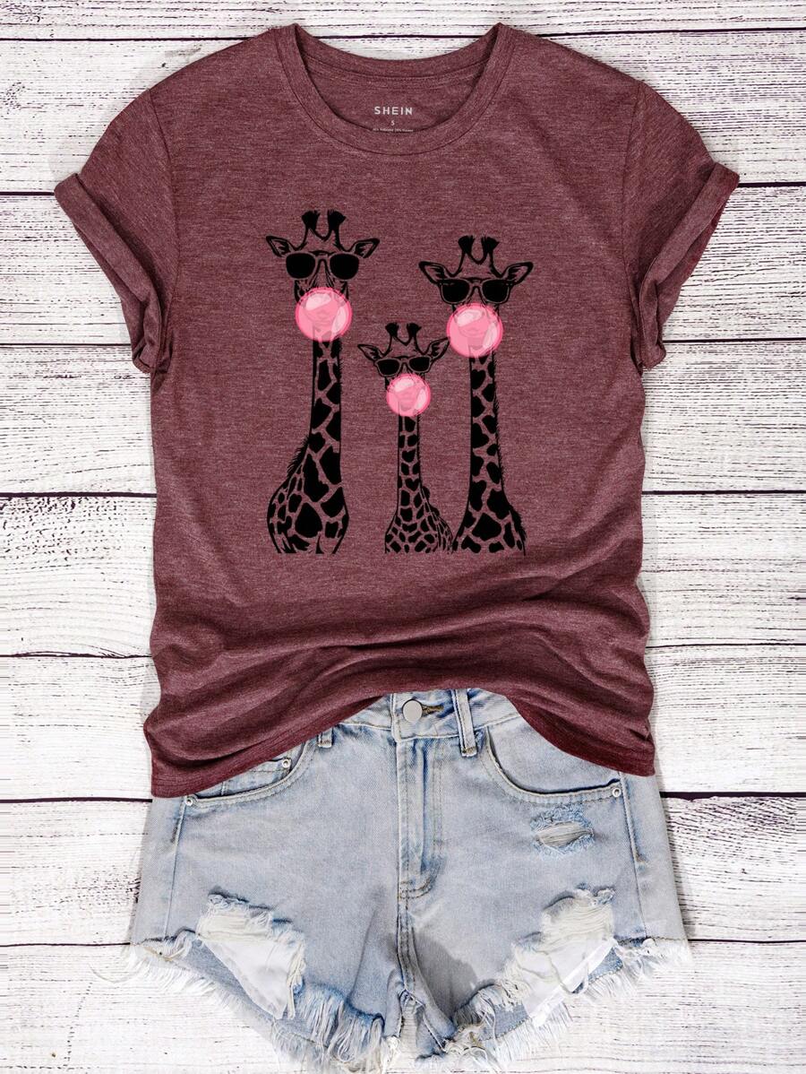 INAWLY 女士圆领长颈鹿印花短袖休闲时尚 140g 常规 T 恤图案猎豹印花 T 恤女式上衣 - 紅木色 - 查看 1