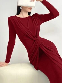 Modelyn 勃艮第红色女士圆领长袖连衣裙，腰部褶皱，扭结，优雅大方的长款晚礼服 - 酒紅色 - 查看 4