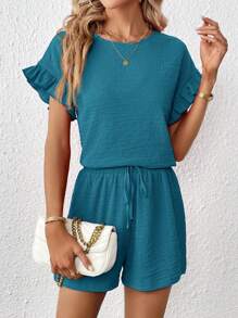 SHEIN Essnce Bộ áo ngắn tay & quần short lưng thun cho nữ, 2 chiếc - Màu xanh ngọc - Xem 4