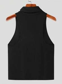 男士高領無袖純色針織運動時尚背心，適用於戶外活動