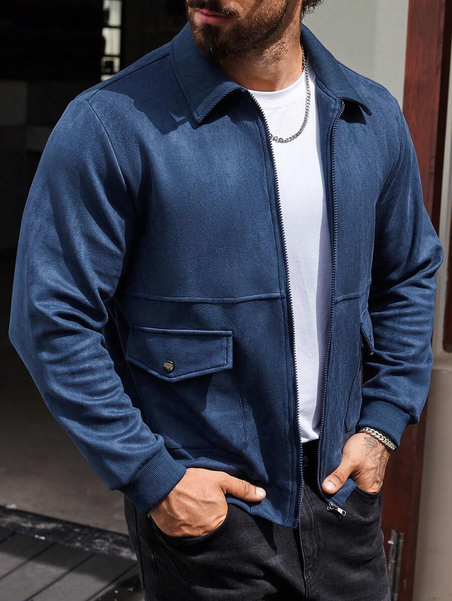 Manfinity Homme Men Flap Pocket Zip Up Jacket Without Tee - Navy Blue - View 1