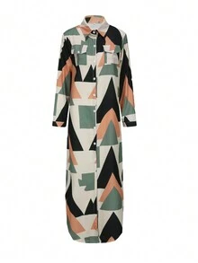 女式长链印花衬衫裙，长袖宽松休闲纽扣领连衣裙