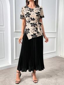 Al Najma Floral Print Knot Side Pleated Hem 2 In 1 Dress - Black - View 7