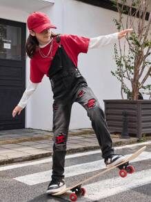 Tween Boys' Cute And Lively  Black Denim Overalls