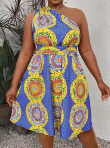 SHEIN Clasi Plus Mandala Print Slant Pocket One Shoulder Dress - Multicolor - View 4