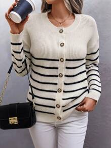 Chiquease 條紋圖案鈕扣前垂肩針織外套 - 黑與白 - 查看 3