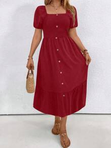 SHEIN LUNE Plus Size Women's Solid Color Simple Daily Wear Square Neck Short Sleeve Dress - Red - View 1