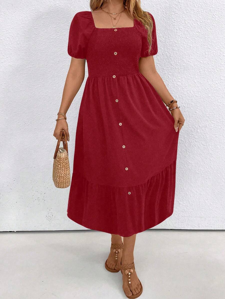 SHEIN LUNE Plus Size Women's Solid Color Simple Daily Wear Square Neck Short Sleeve Dress - Red - View 1
