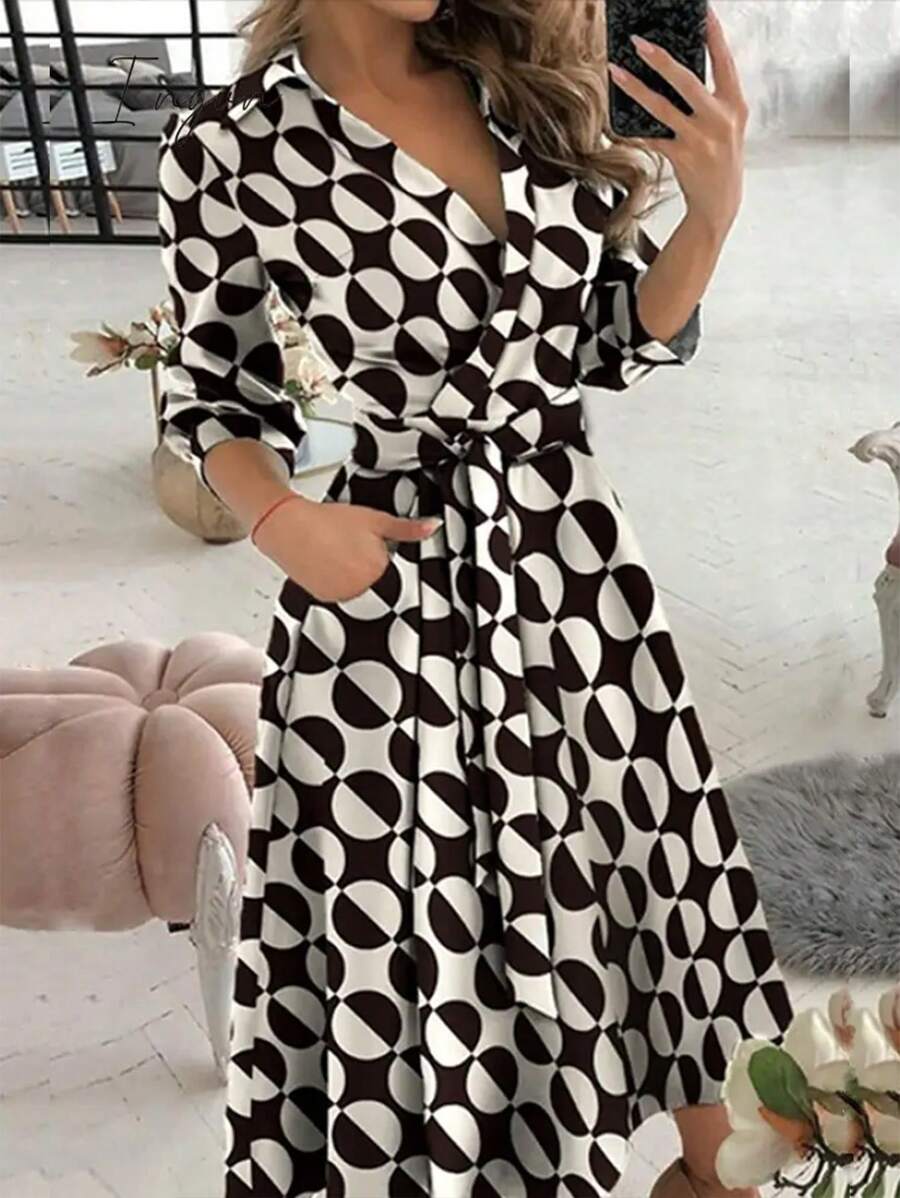 Chiquease 1pc Women V-Neck Long Sleeve Tie Front Geometric Print Dress, Autumn - Multicolor - View 1