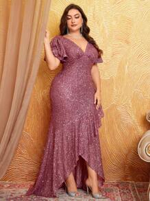 UNITHORSE Plus Size Front & Back V-Neck Flare Sleeve Uneven Ruffle Hem Elegant Glitter Formal Dress, Party Dress, Wedding Guest Dress, Evening Dress, Bride Dress, Birthday Women Outfits, Graduation Dress, Formal Dress,Gown - Dusty Pink - View 2