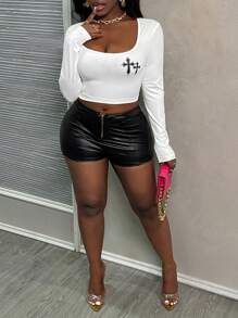 Slaydiva 女士白色十字印花圓領長袖短款修身T恤 - 白色 - 查看 3