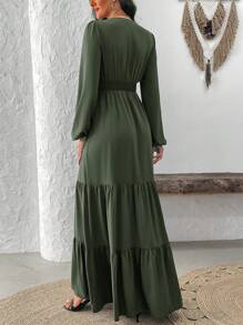 SHEIN Clasi 女士纯色简约日常长袖连衣裙长款女装 - 綠色 - 查看 2