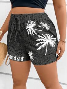 Linhara CURVE Plus Size Boho Coconut Tree & Letter Graphic Drawstring Waist Shorts, For Summer - Dark Grey - View 4