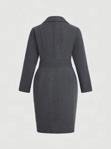 Flirla Women's Plus Size Solid Color Turn-Down Collar Long Sleeve Pleated Design Long Elegant Woolen Coat For Autumn And Winter - Dark Grey - View 2