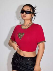 SHEIN ICON Y2k Women T Shirt Back To School Clothes Plus Size Heart & Leopard Patchwork Tight Short Sleeve Crop Top, Daily Casual - Red - View 6