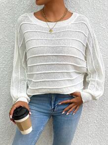 SHEIN LUNE Solid Round Neck Batwing Sleeve Sweater, Knit Pullover Fall Winter - Beige - View 1
