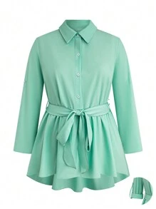SHEIN Unity Plus Solid Button Front Belted Shirt Fall Cloth For Women - Mint Green - View 1