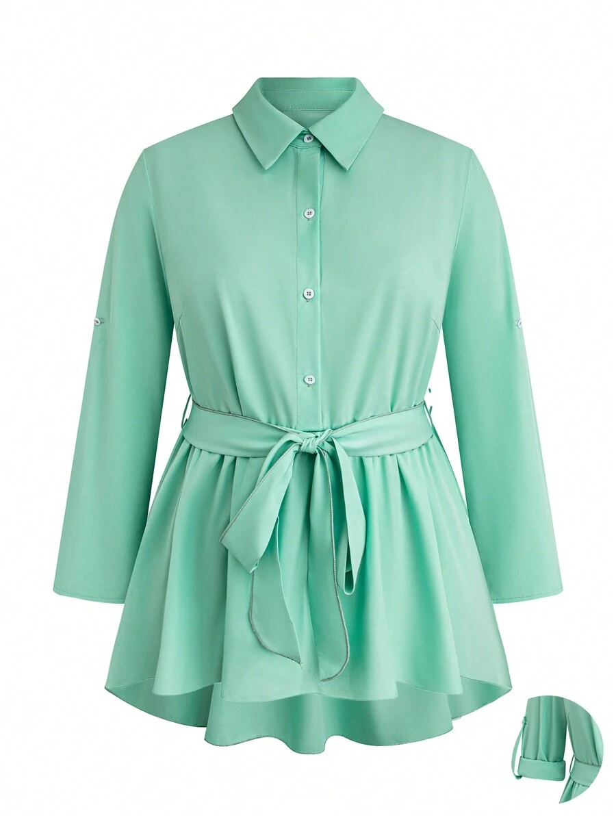 SHEIN Unity Plus Solid Button Front Belted Shirt Fall Cloth For Women - Mint Green - View 1
