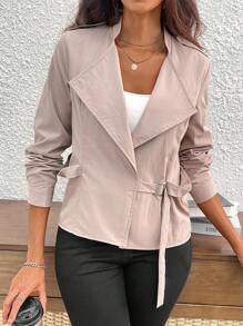 SHEIN Privé معطف من النوع الحديد الزهر مع رقبة صغيرة وياقة كبيرة، وخصر مشدود الحجم النسائي العادي للملابس الخارجية - كاكي - مشاهدة 4