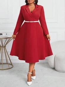 SHEIN Lady 加大码红色领腰收腰 A 字中长款西装连衣裙，优雅正式场合连衣裙秋季服装红色长袖 - 紅色 - 查看 6