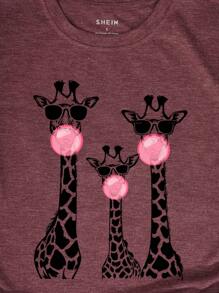 INAWLY 女士圆领长颈鹿印花短袖休闲时尚 140g 常规 T 恤图案猎豹印花 T 恤女式上衣 - 紅木色 - 查看 4