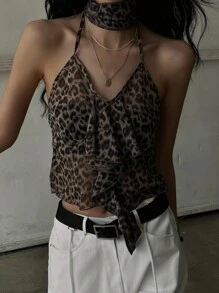DAZY Leopard Print Ruffle Trim Halter Top