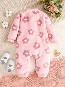 Baby Girl Pink Casual Floral Comfortable Warm Long Sleeve Jumpsuit For Fall & Winter - Pink - View 2