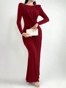 Modelyn 勃艮第红色女士圆领长袖连衣裙，腰部褶皱，扭结，优雅大方的长款晚礼服 - 酒紅色 - 查看 3